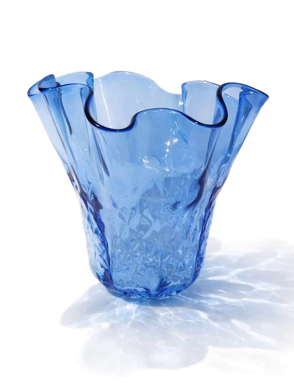VINTAGE Blue Ruffled Glass Handkerchief Vase | Diamond Base MCM Art Glass